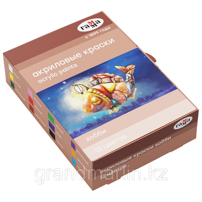 Краски акриловые декоративные Гамма "Хобби", 12 цветов, 20мл, картон. упаковка, фото 1