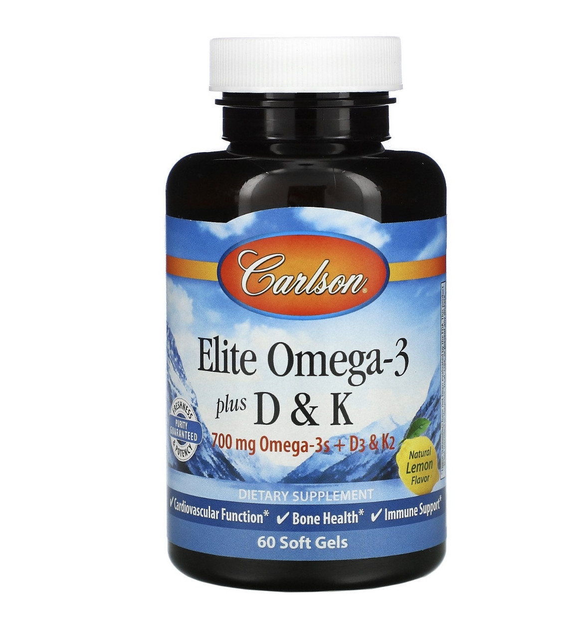 Carlson elite omega-3, с витамином D и К, натуральный вкус лимона, 60 мягких таблеток - фото 1 - id-p107533872