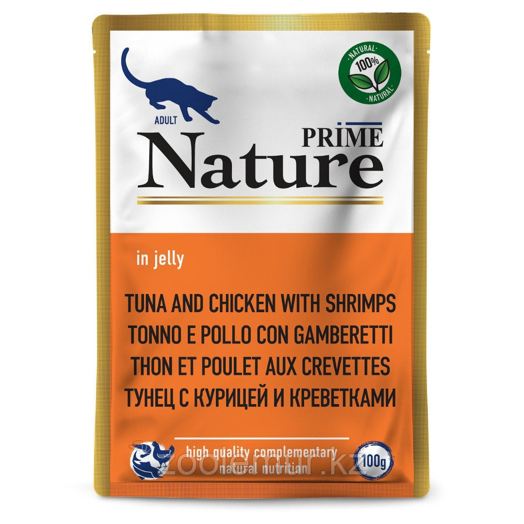 PRIME NATURE Пауч для кошек тунец с курицей и креветками в желе, 100 гр