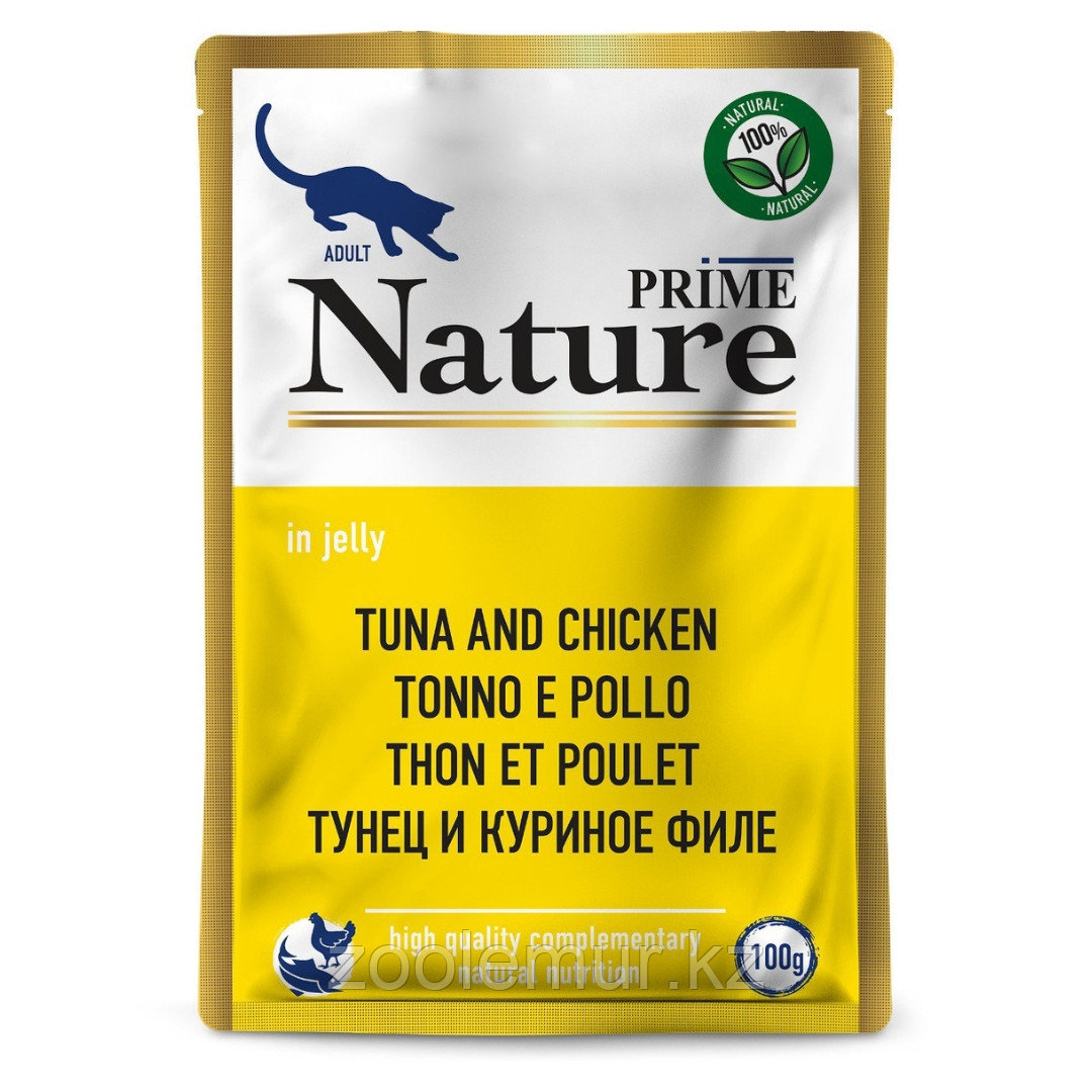 PRIME NATURE Пауч для кошек тунец и куриное филе в желе, 100 гр