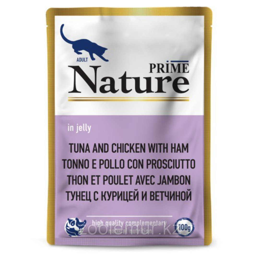 PRIME NATURE Пауч для кошек тунец с курицей и ветчиной в желе, 100 гр