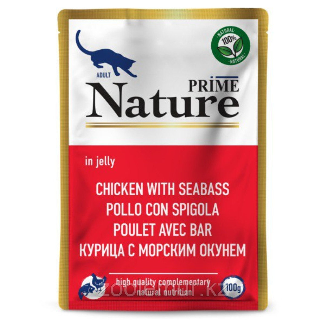 PRIME NATURE Пауч для кошек курица с морским окунем в желе, 100 гр