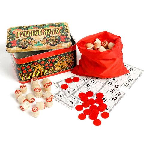 Настольная игра «Русское лото» с бочонками из дерева в подарочной жестяной коробке - фото 1 - id-p107560647