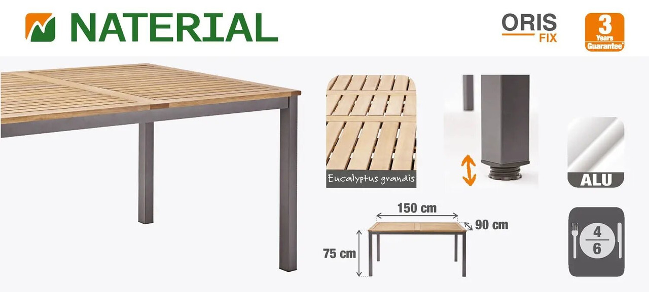 Стол садовый Naterial Oris 150x89х74.6 см алюминий/эвкалипт светло-коричневый - фото 4 - id-p107571658