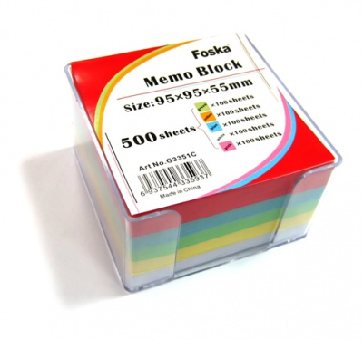 Бумага для записей 95х95х55(88x88)мм, 500л, цветная рассыпная, пласт.бокс Foska