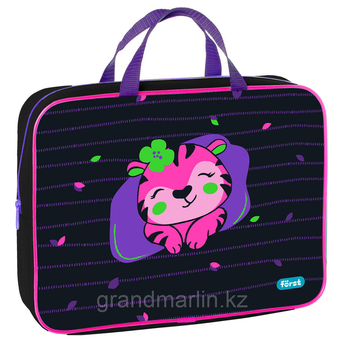 Папка текстильная с ручками 1 отделение, А4 Först "Pink tiger", 350*265*80мм, текстиль, на молнии, фото 1