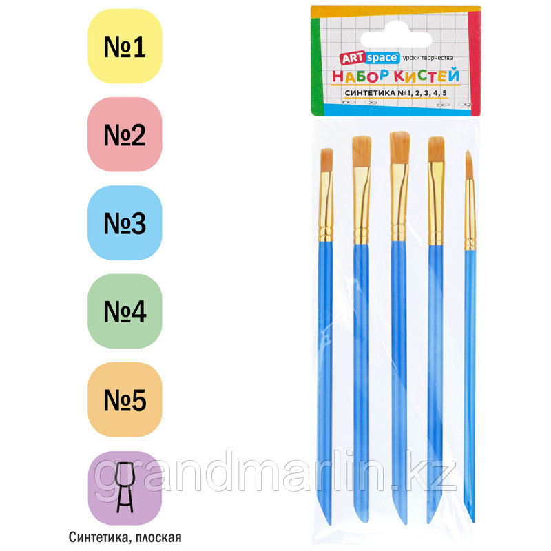 Набор кистей ArtSpace, 5шт., синтетика, плоские, № 1, 2, 3, 4, 5, пакет, европодвес - фото 2 - id-p107607151
