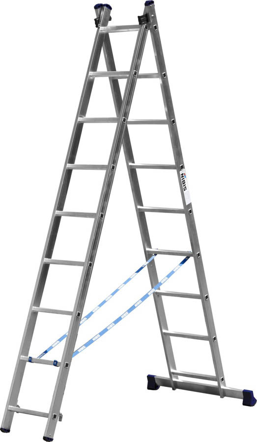 Двухсекционная  лестница СИБИН, 9 ступеней, со стабилизатором, алюминиевая