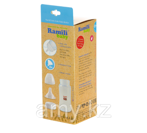 Противоколиковая бутылочка для кормления Ramili Baby 240ML (240 мл, 0+, слабый поток) - фото 3 - id-p107624582