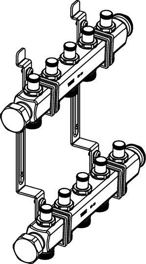 Коллектор для сист. отопл. с запорными вент. в сборе,1" х 3/4"Ек, нерж. сталь, квадр. сечение, 2 к, фото 1