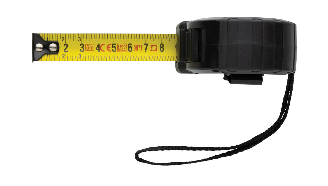 Рулетка из переработанного пластика RCS с кнопкой блокировки, 5м/19 мм, черный; , Длина 7 см., ширина 6,5 см., - фото 4 - id-p107646740