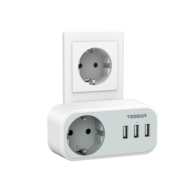 Сетевой фильтр с 1 розеткой 220В и 3 USB портами. Компактная конструкция, Серый, TS-329, Tessan, фото 1