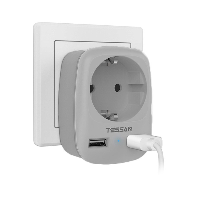 Сетевой фильтр с 1 розеткой 220В и 2 USB портами. Компактная конструкция, Серый, TS-611-DE, Tessan, фото 1