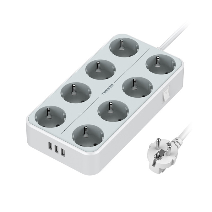 Сетевой фильтр с 8 розетками 220В, 3 USB портами и кнопкой питания, Серый, TS-304