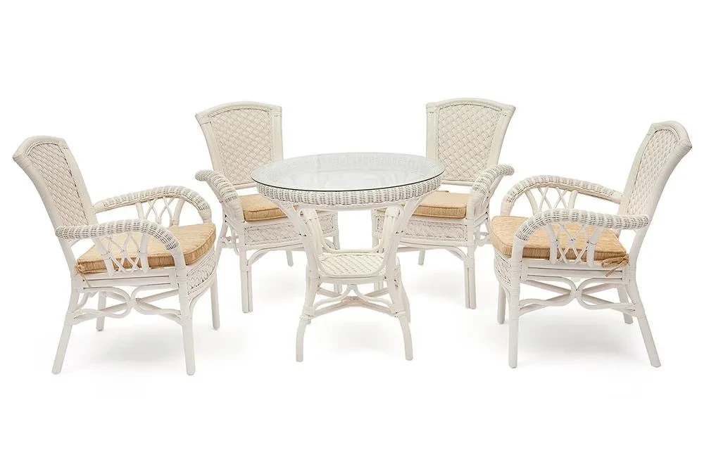 Комплект обеденный "ANDREA" ( стол со стеклом + 4 кресла + подушки) TCH White (белый), Ткань рубчик, цвет - фото 1 - id-p107734081