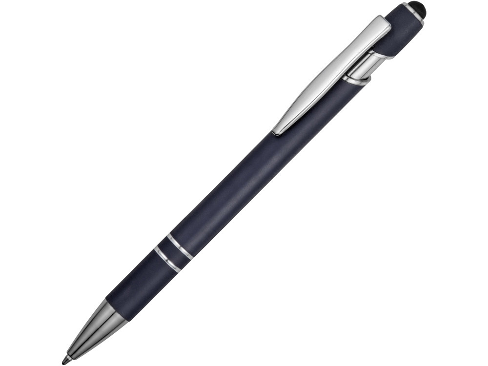 Ручка металлическая soft-touch шариковая со стилусом Sway, темно-синий/серебристый, фото 1