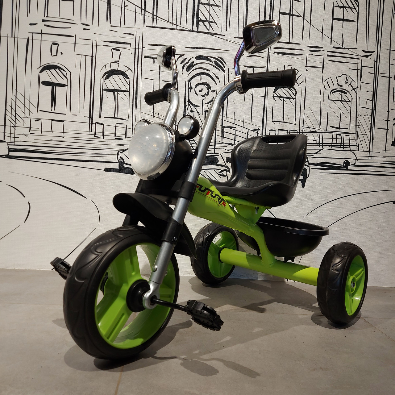 Зеленый Детский трехколесный велосипед "Харлей". Музыкальный. Фара горит., фото 1