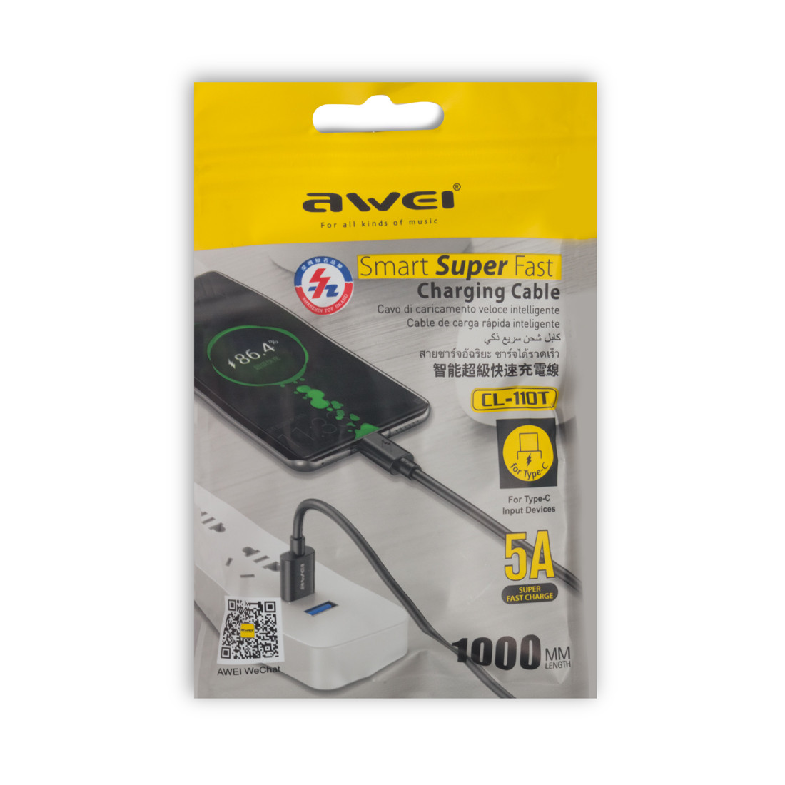 Awei CL-110T Интерфейсный кабель USB-A to Type-C 5A, 1m Черный - фото 2 - id-p107860881