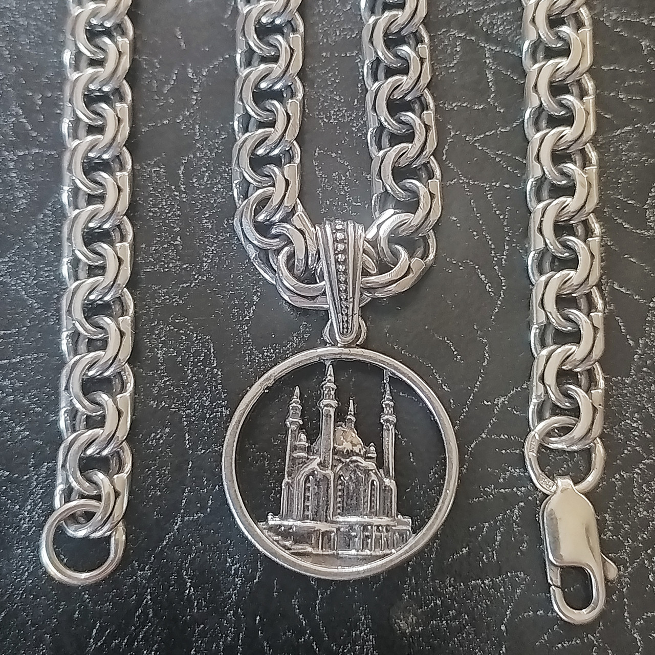 Серебряная толстая цепочка и мусульманский серебряный кулон Мечеть. Серебро 925.