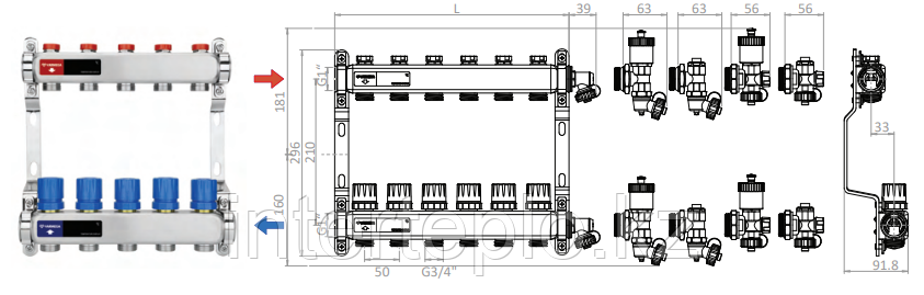 Распределительный коллектор для отопления Varmega 1" 3х3/4"ЕК, нержавейка - фото 2 - id-p107928079