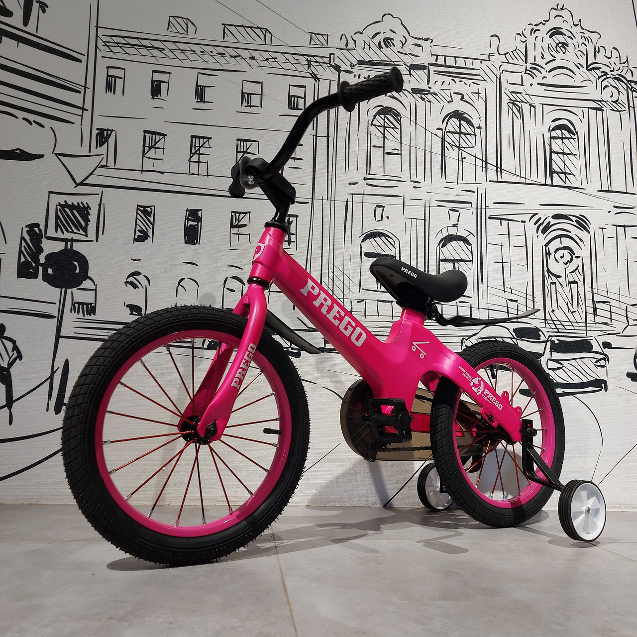 Розовый детский двухколесный велосипед "Prego". Версия 2.0. 16" колеса. С боковыми поддерживающими колесами.