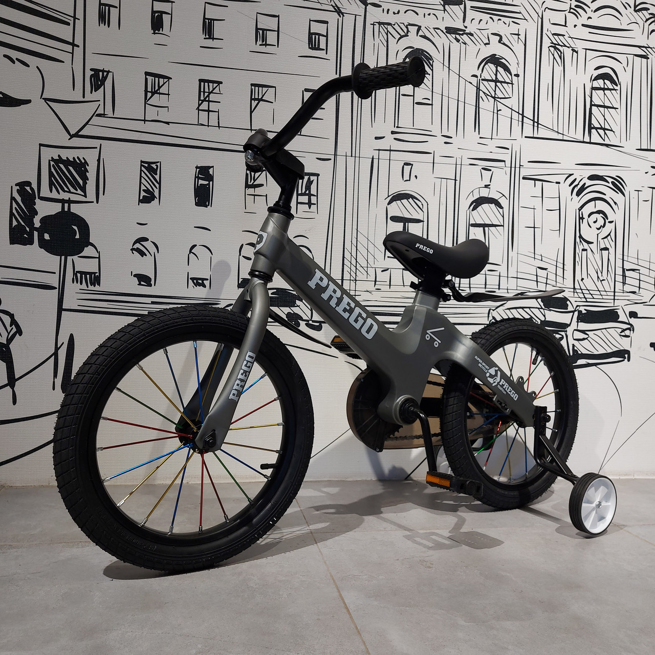Детский двухколесный велосипед "Prego". Версия 2.0. 16" колеса. С боковыми колесиками. Серый.