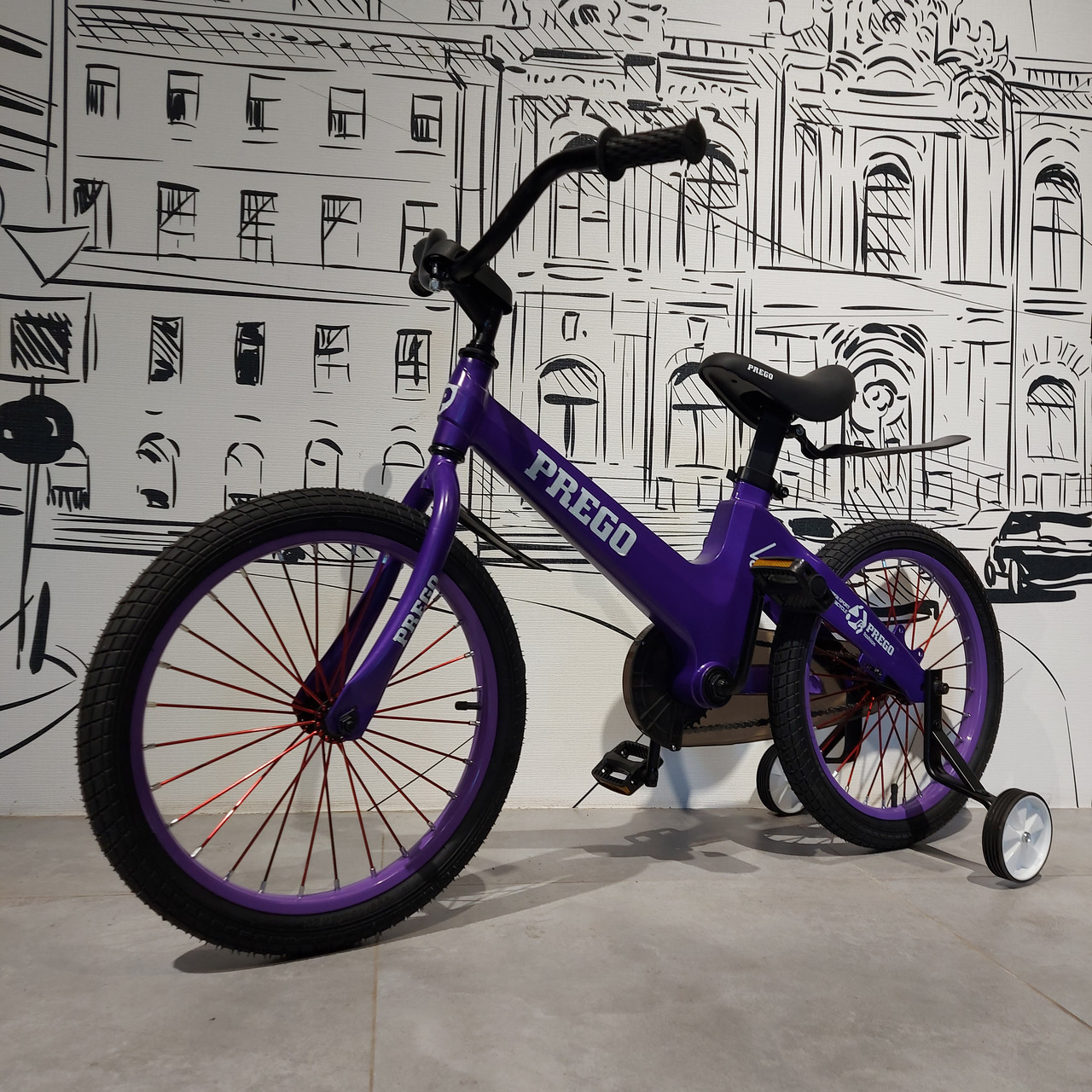 Детский двухколесный велосипед "Prego". Версия 2.0. 18" колеса. С боковыми колесами. Фиолетовый. - фото 1 - id-p107928144