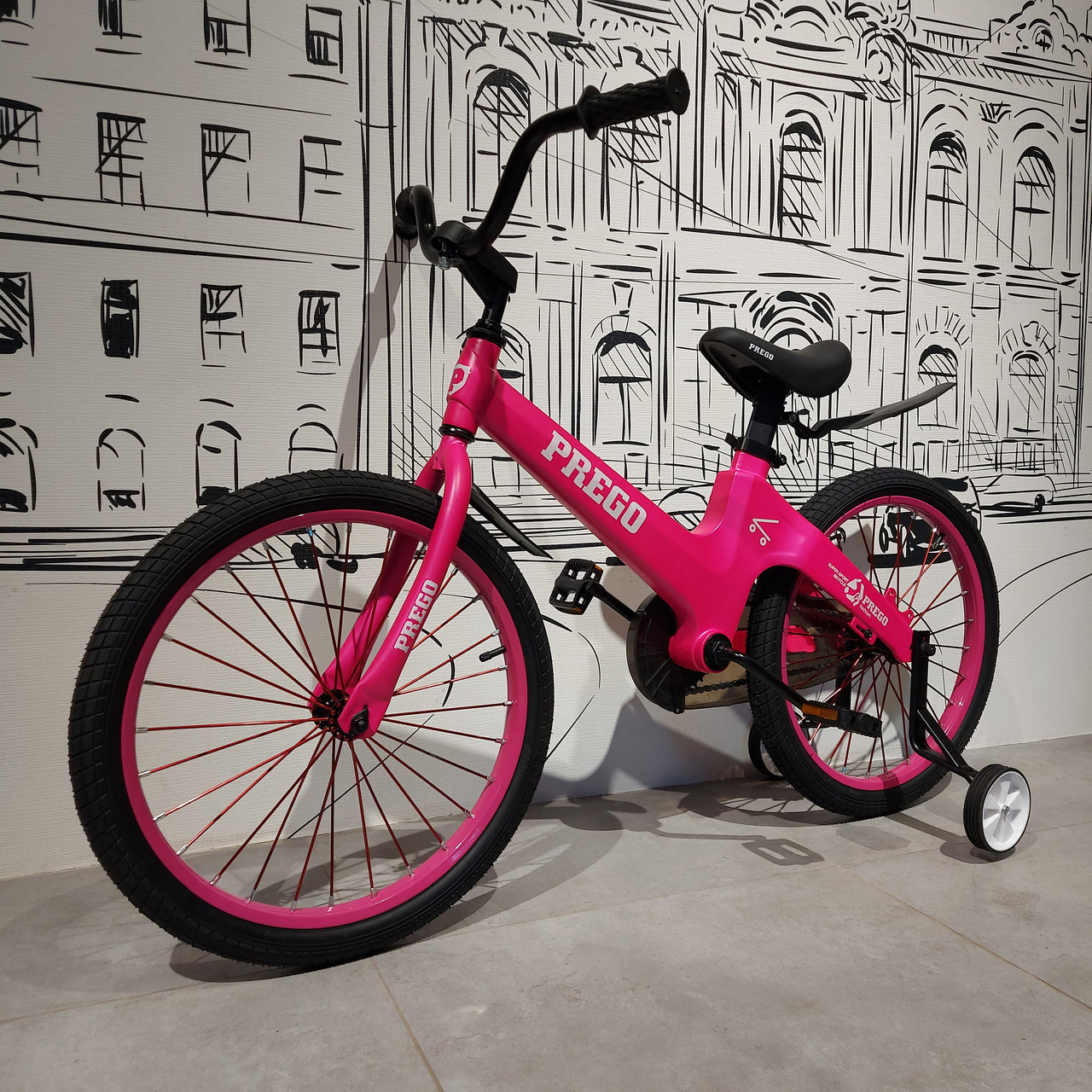 Розовый Детский двухколесный велосипед "Prego". Версия 2.0. 20" колеса. С боковыми колесами.