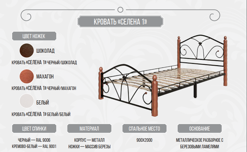 Кровать СЕЛЕНА, 90х200см, (РОССИЯ), черный\махагон - фото 3 - id-p106384734