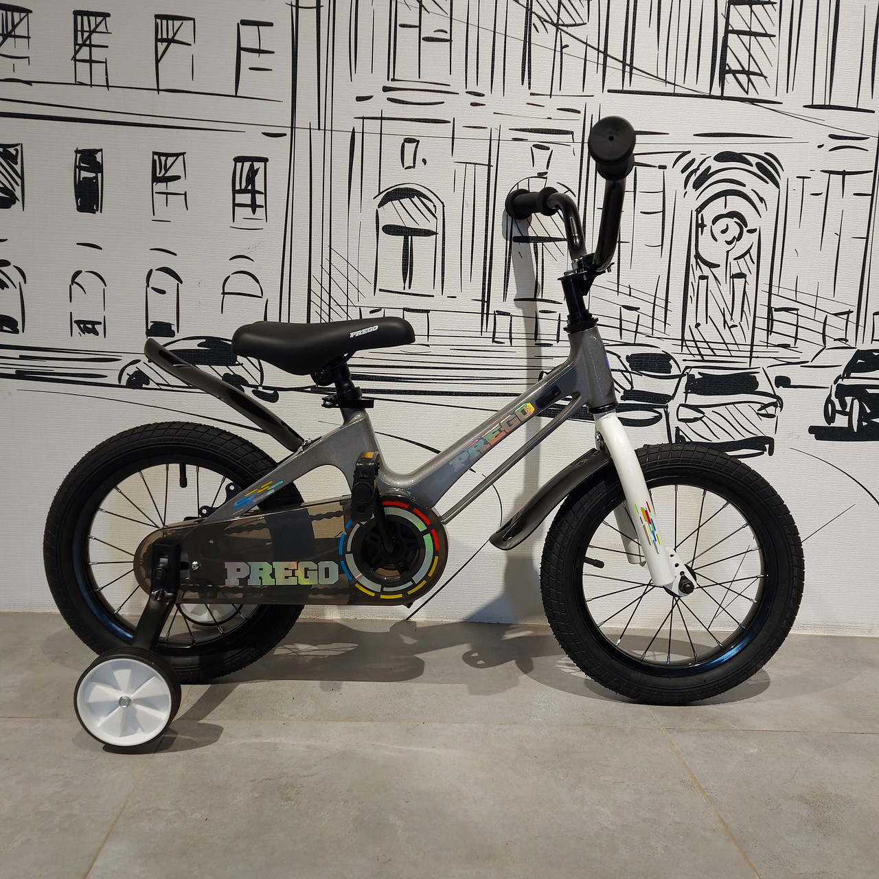 Детский двухколесный велосипед "Prego 2".14" колеса. С боковыми колесиками. Серый. - фото 7 - id-p107940176