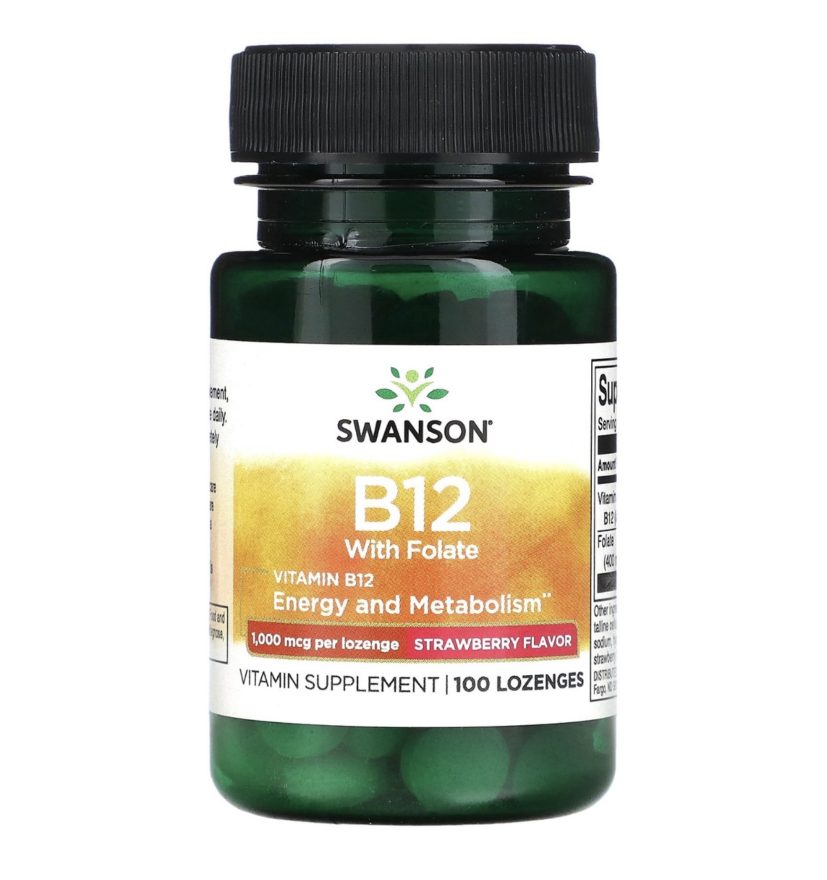 Swanson витамин В12 с фолатом, клубника, 1000мкг, 100 пластинок - фото 1 - id-p107948509