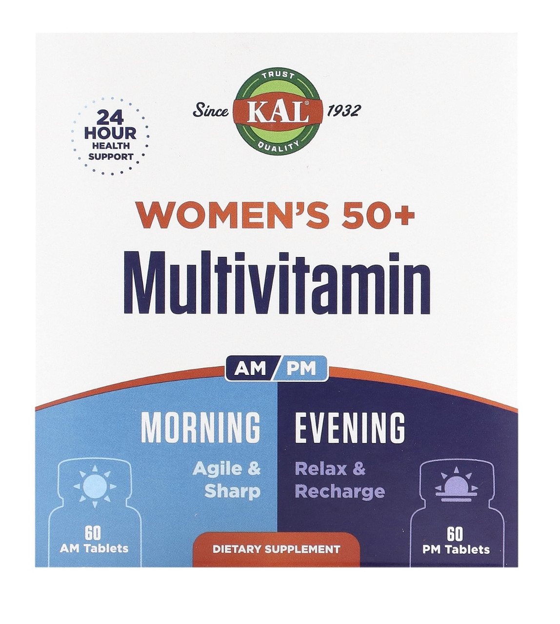 KAL мультивитамины для женщин старше 50 лет, утром и вечером, 60 таблеток в каждой баночке - фото 1 - id-p107954287
