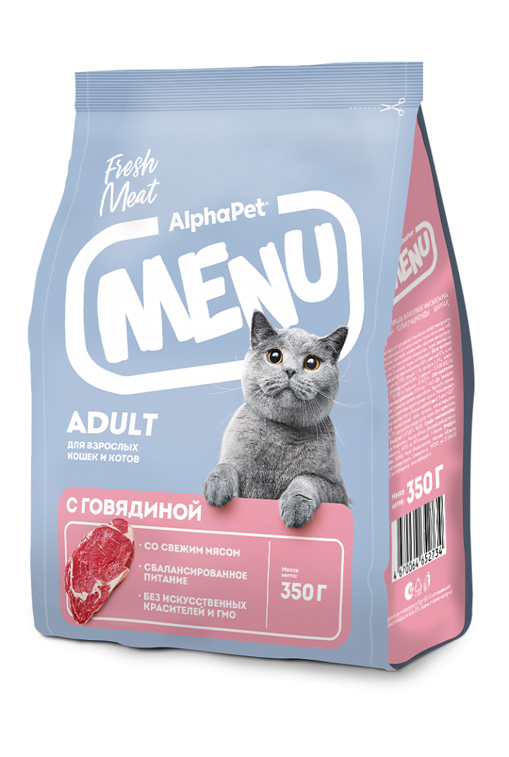 AlphaPet MENU Корм для кошек с говядиной, 350 гр