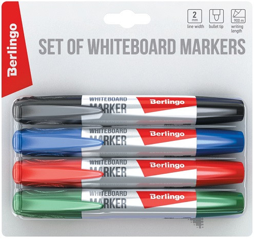 Набор маркеров для белых досок Berlingo "Uniline WB200", 4 цвета, пулевидный, 2 мм., блистер