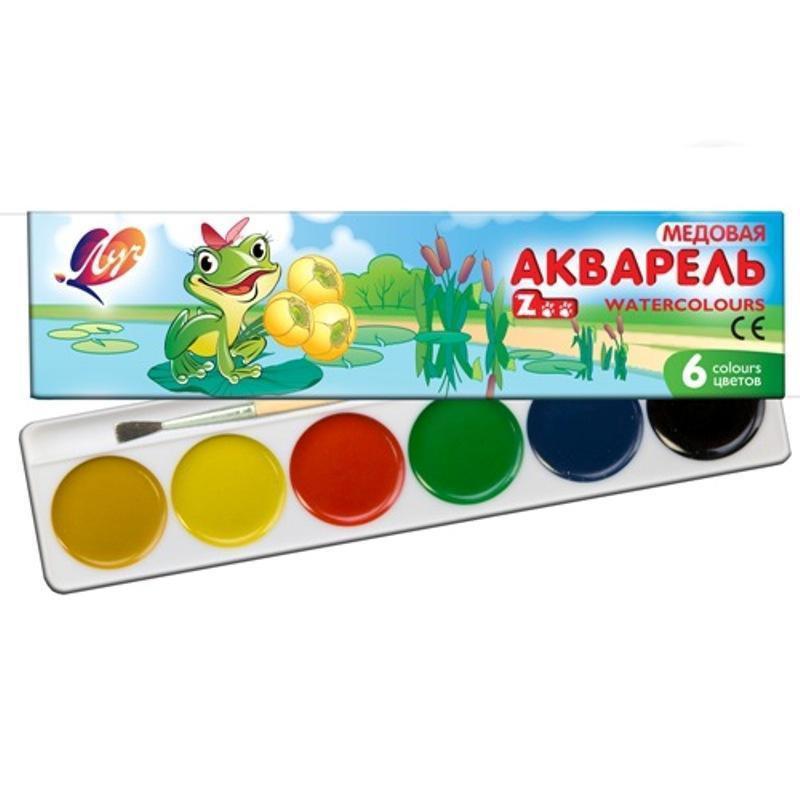 Краски акварельные медовые 6 цветов Луч "Zoo", с кистью, картонная коробка