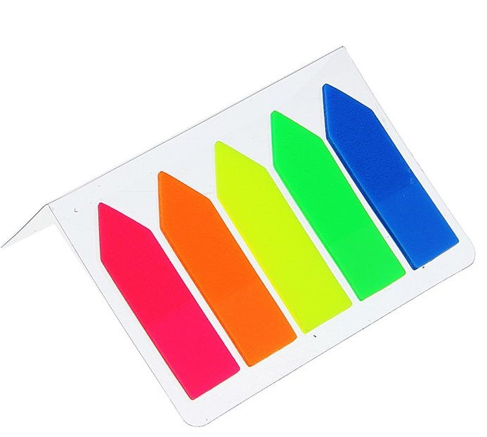 Блок-закладка с липким краем пластик «Стрелки», 15 листов х 5 цветов, флуоресцентный, микс в блистер