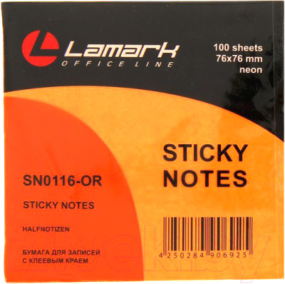 Бумага для заметок "Lamark", с липким слоем, цвет: оранжевый Неон, 100 листов, 7,6 см х 7,6 см - фото 1 - id-p108003117
