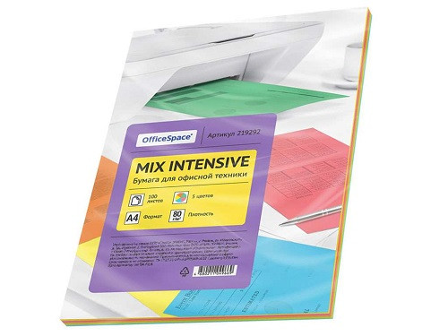 Бумага цветная OfficeSpace Intensive mix, А4, 5 цветов, 100 л.