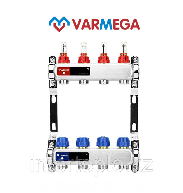 Коллекторная группа VARMEGA 1" 4х3/4"EK, нержавейка с расходомерами и регулирующими клапанами