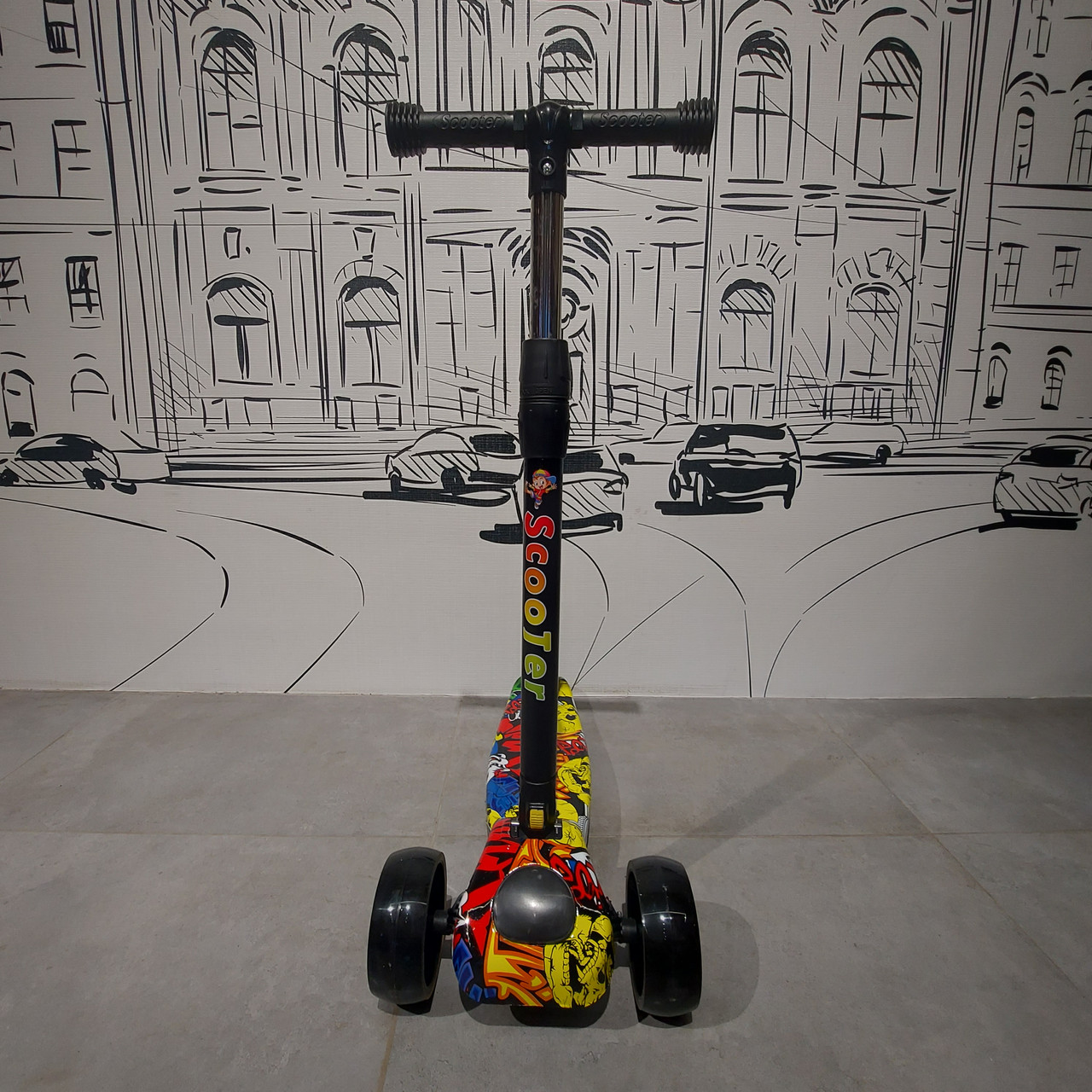 Складной Трехколесный детский самокат "Graffiti". Музыкальный с подсветкой. От 3 до 12 лет. - фото 1 - id-p108037722