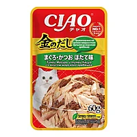 Влажный корм CIAO Kinnodashi для кошек Тунец Магуро и тунец Кацуо со вкусом морского гребешка, паучи 60г
