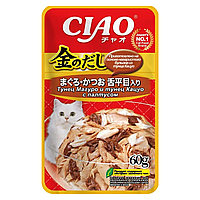 Влажный корм CIAO Kinnodashi для кошек Тунец Магуро и тунец Кацуо с палтусом, паучи 60г