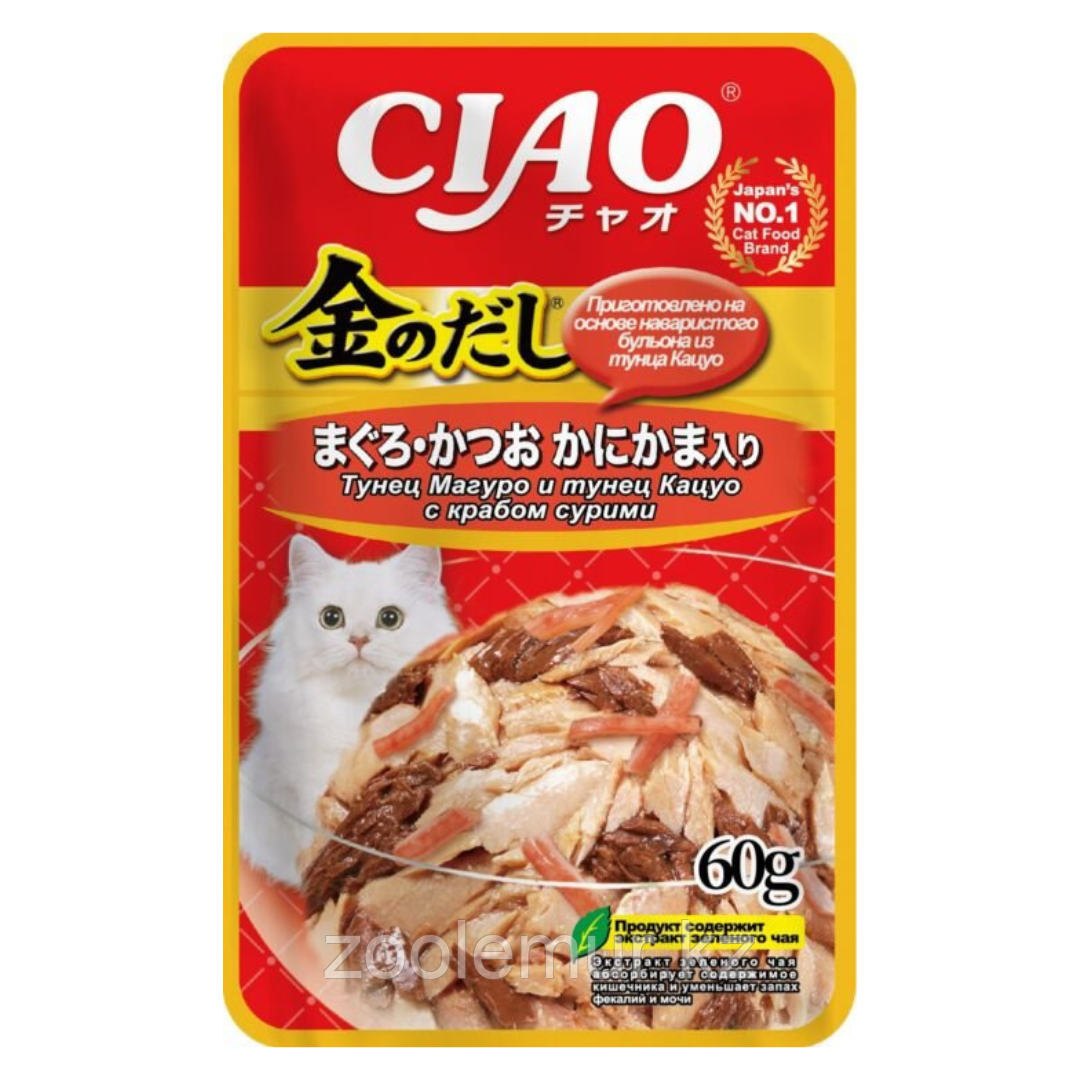 Влажный корм CIAO Kinnodashi для кошек Тунец Магуро и тунец Кацуо с крабом сурими, паучи 60г