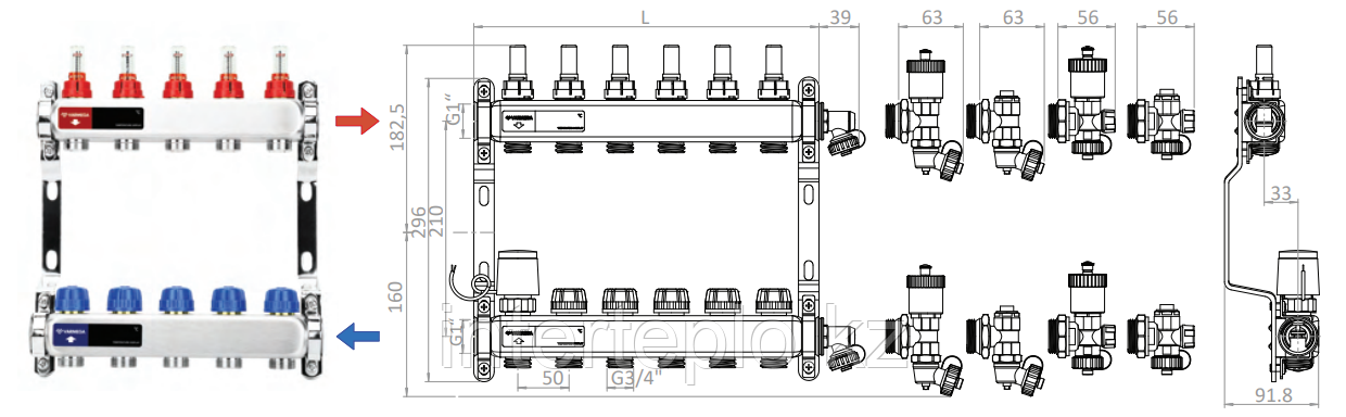 Коллекторная группа VARMEGA 1" 8х3/4"EK, нержавейка с расходомерами и регулирующими клапанами - фото 2 - id-p108056222