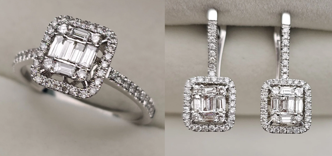 Золотой набор с бриллиантами (кольцо Багет 0.6 ct VS1/G VG Cut 17 р, серьги 1.00 Ct VS1/G, VG-Cut )
