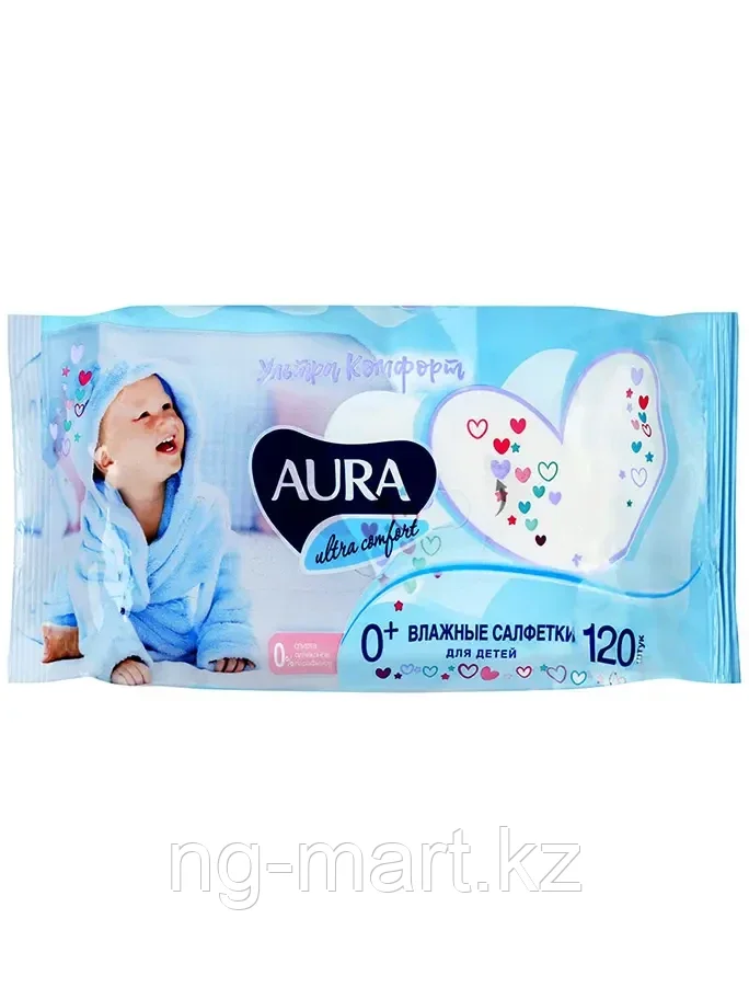 AURA ULTRA COMFORT Влажные салфетки для детей с экстрактом алоэ и витамином Е с крышкой 120шт - фото 1 - id-p108086061