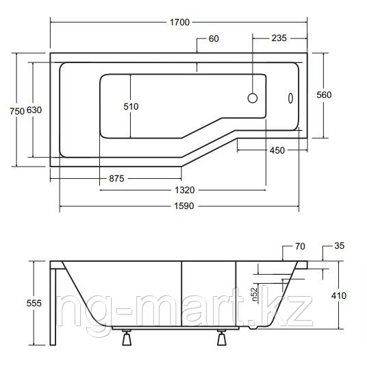 Ванна акриловая Besco Integra 170 L/R WAI-170-PL/WAI-170-PP, 170 х 75 см - фото 3 - id-p108089570