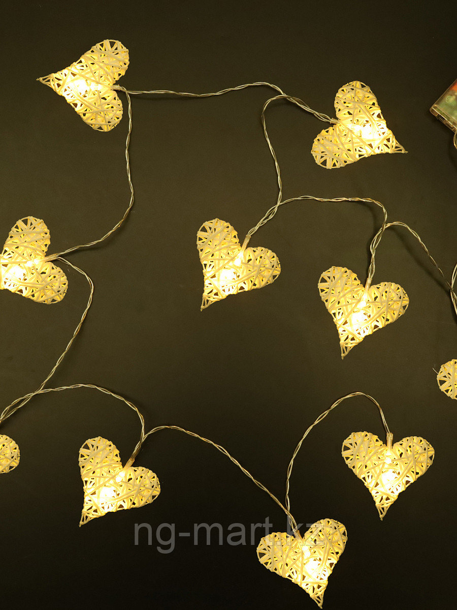 Светодиодная гирлянда ШНУР 2 м 10 желтых LED сердец на батарейках - фото 1 - id-p108090078