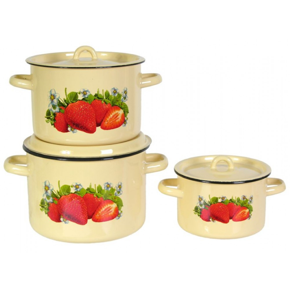 Набор кастрюль №33 из 3 пр. "Клубника", крем (СтальЭмаль, Россия), фото 1