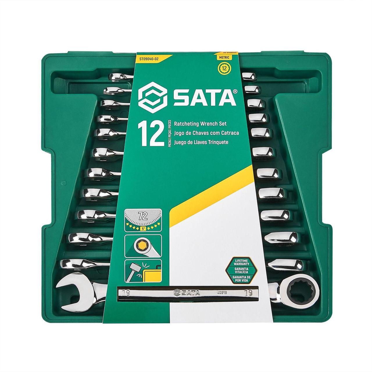 Набор комбинированных ключей с трещоткой 8-19мм 12пр. SATA ST09040-02 накидной ключ с трещоткой